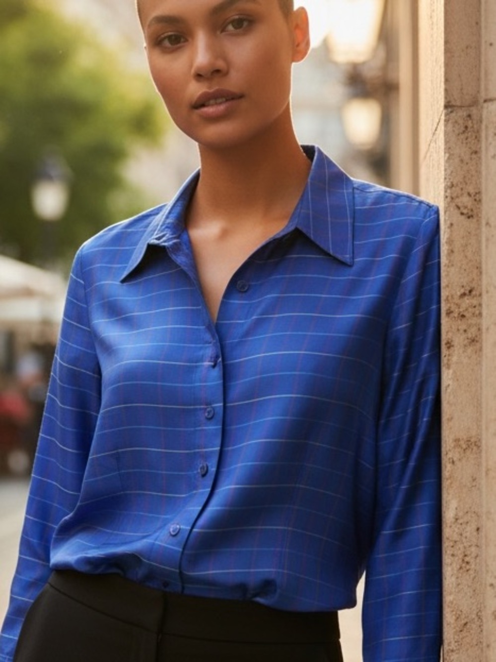 Nina McLemore Womens Blue Windowpane Button Front Silk Blouse/Jacket Size L